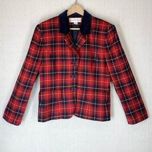Jones NY~VINTAGE‎ 90s~Women’s 100% Wool Tartan Plaid Velvet Collar Blazer~Sz 10